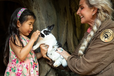 Zookeeper holds a rabbit for a young patron to pet